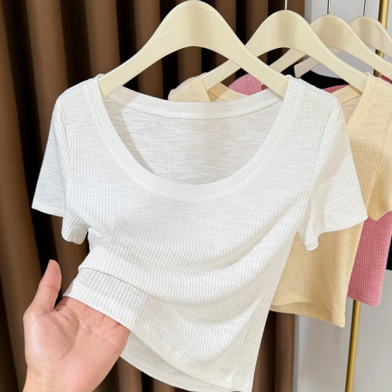 白色竹节棉大圆领短袖女2025新款冰丝针织短款t恤女内搭打底衫薄