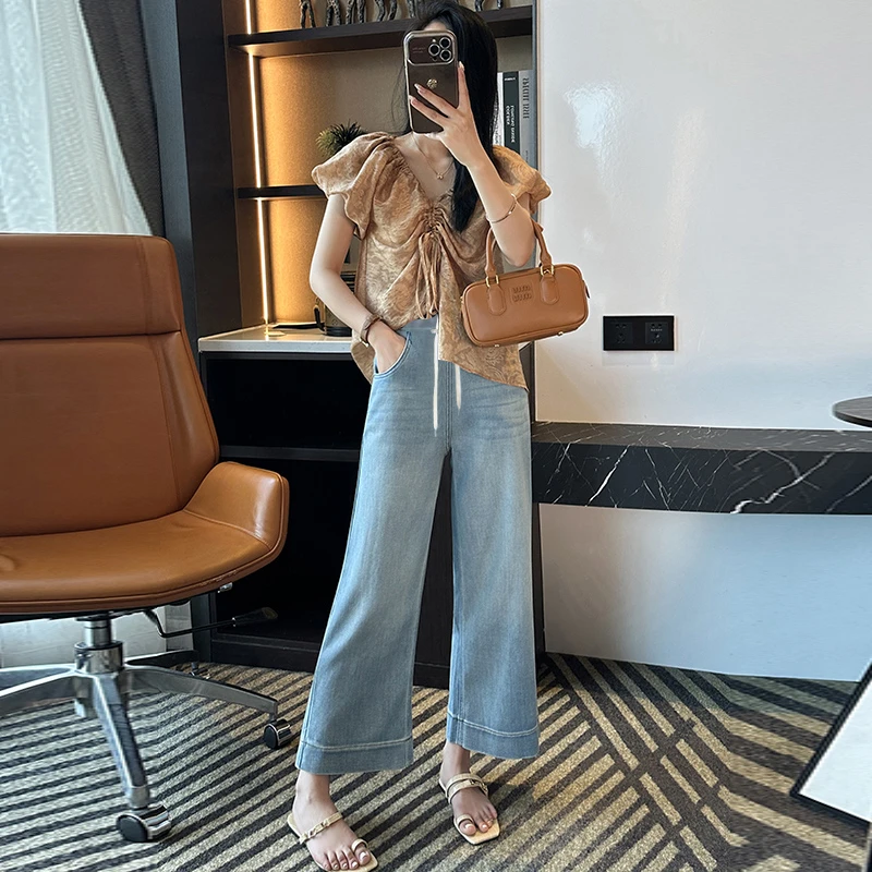 夏季薄款孕妇宽松阔腿裤猪鼻扣款外穿一体抽绳九分裤牛仔裤子夏装