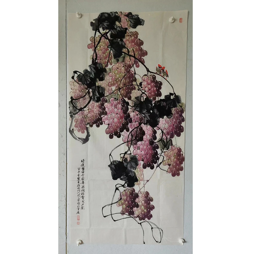 3449  纯手绘老字画《葡萄》中堂  尺寸 137×68