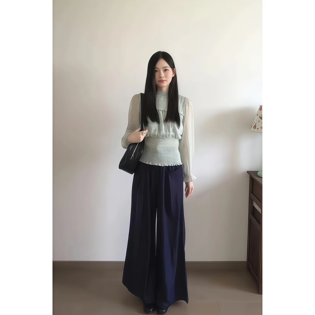 法式复古立领木耳花边衬衣女秋季新款高腰宽松休闲长裤子两件套装