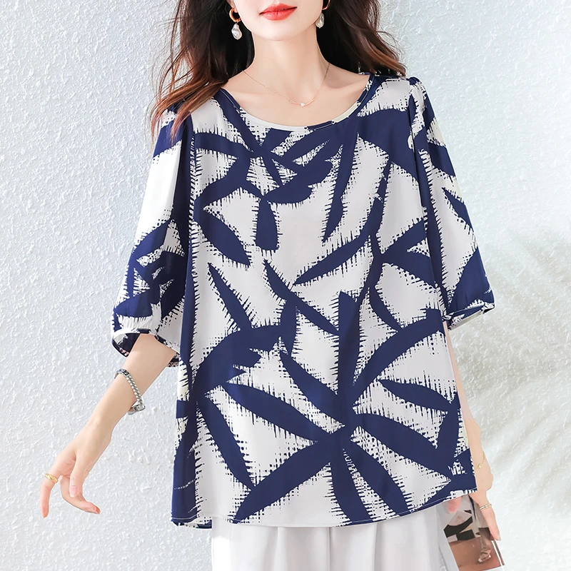 设计感复古印花缎面小衫大码女装2025夏季胖MM宽松遮肉高级感上衣