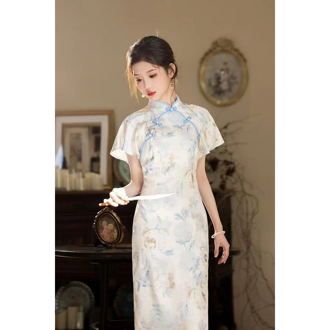淡蓝色改良旗袍春夏民国风显瘦圆襟印花气质少女风日常法式优雅