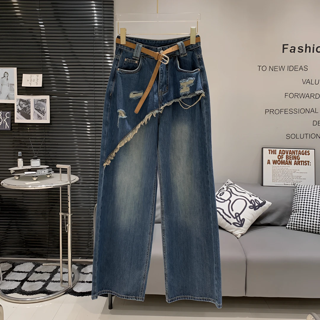 假两件牛仔裤女秋季新款高腰设计裙裤宽松显瘦阔腿拖地长裤子
