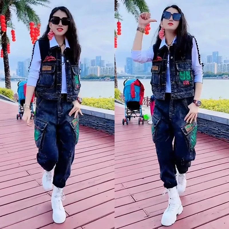 复古时尚牛仔套装女春秋新款宽松大码显瘦上衣哈伦牛仔裤三件套潮