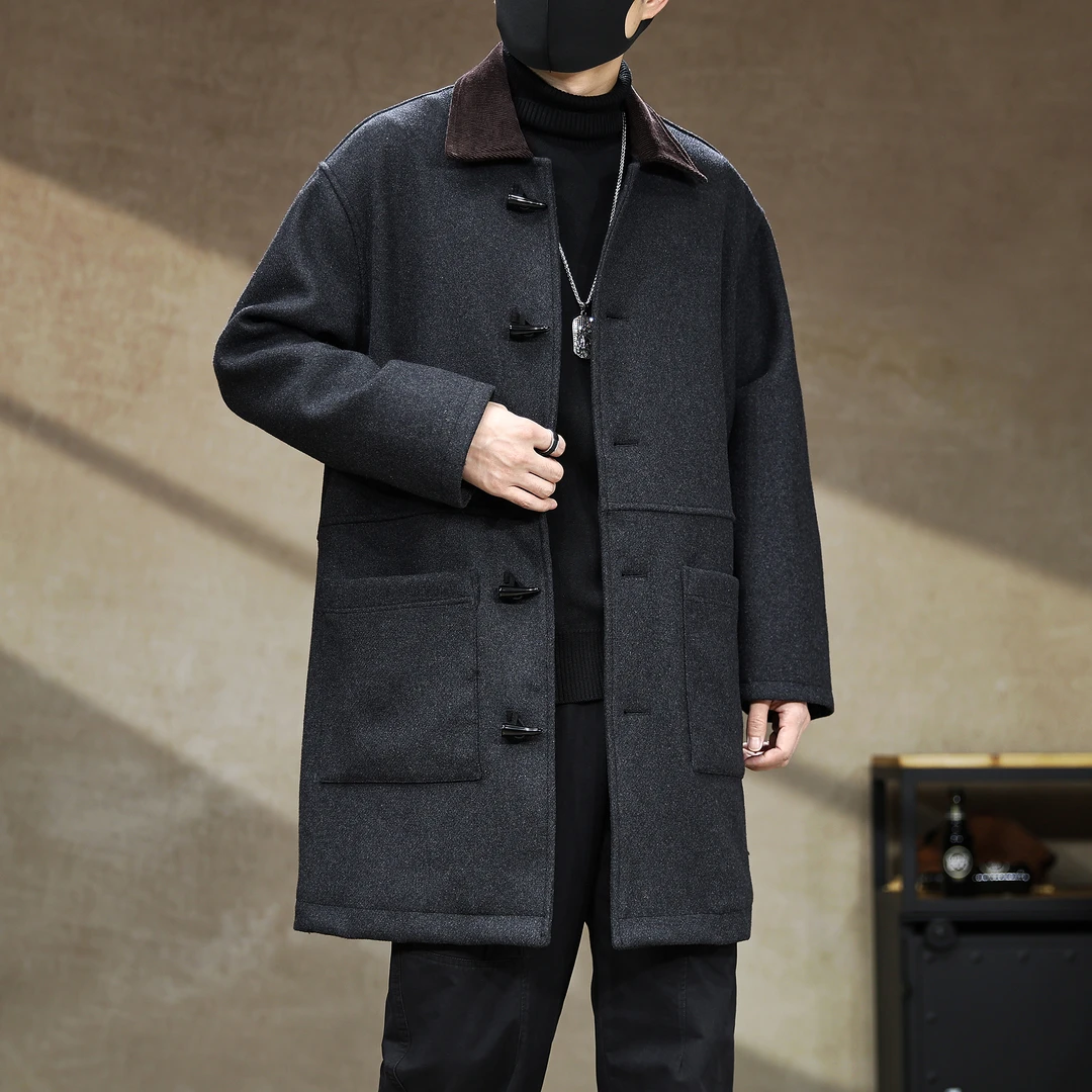 美式高端复古绵羊毛呢中长款大衣外套男秋冬加厚新款宽松翻领上衣