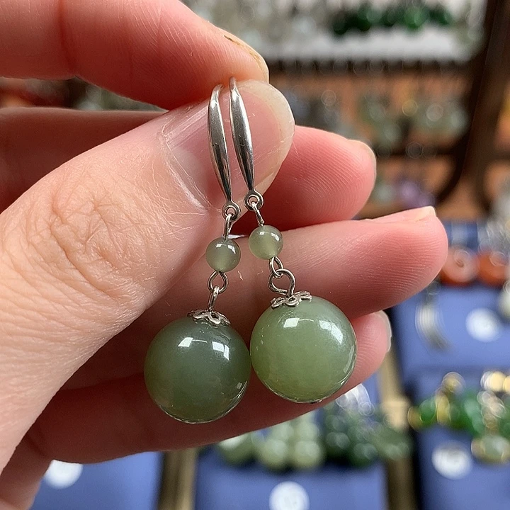 和田玉银S925镶嵌耳饰12左右湖水绿