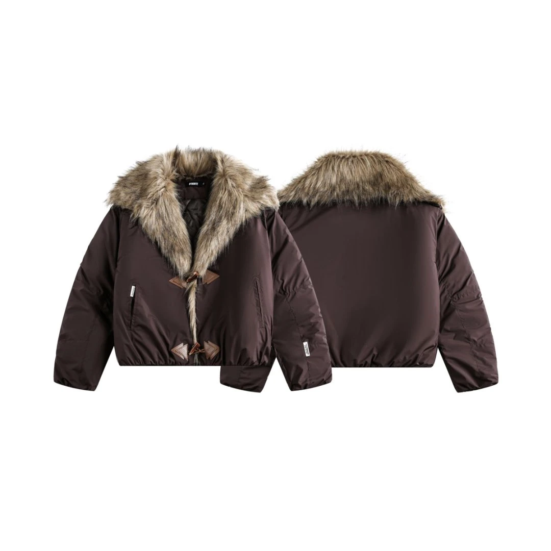 TOM潮 韩系复古大毛领座山雕短外套夹棉冬季新款2025牛角扣开衫女