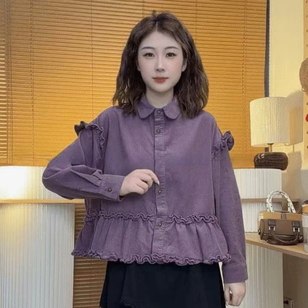 2025秋冬新款长袖荷叶边衬衫上衣女大码减龄灯笼袖复古打底衬衣