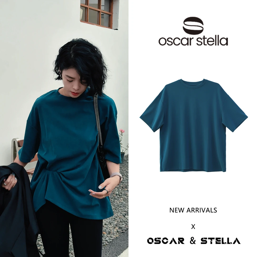 OSCAR&STELLA【海盐】2025早春新款纯色圆领宽松短袖T恤 187-4213