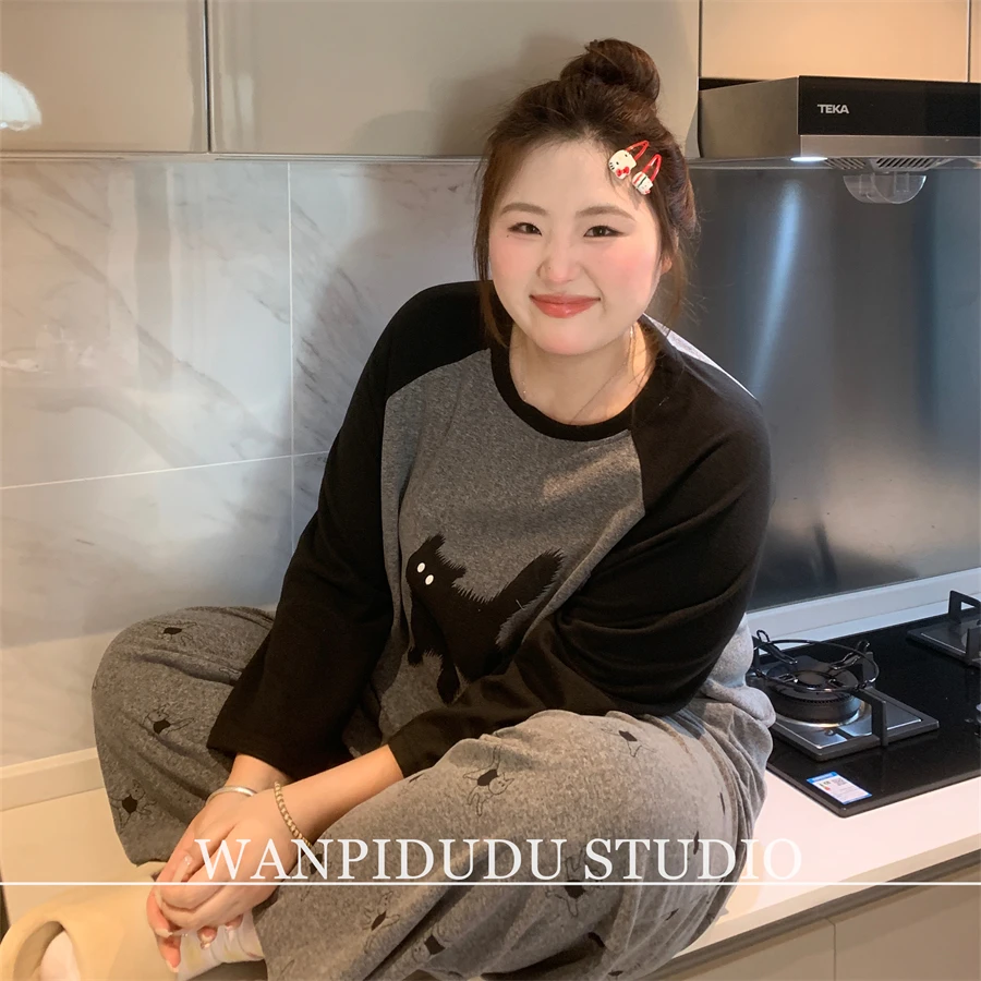 大码胖MM200斤秋冬长袖长裤羊羔绒恒温黑猫卡通套头圆领睡衣