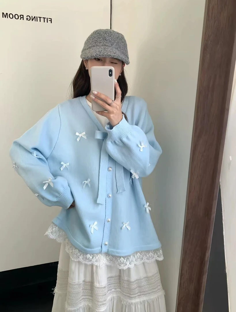 【欣欣家】大码秋冬蝴蝶结宽松开衫毛针织衫