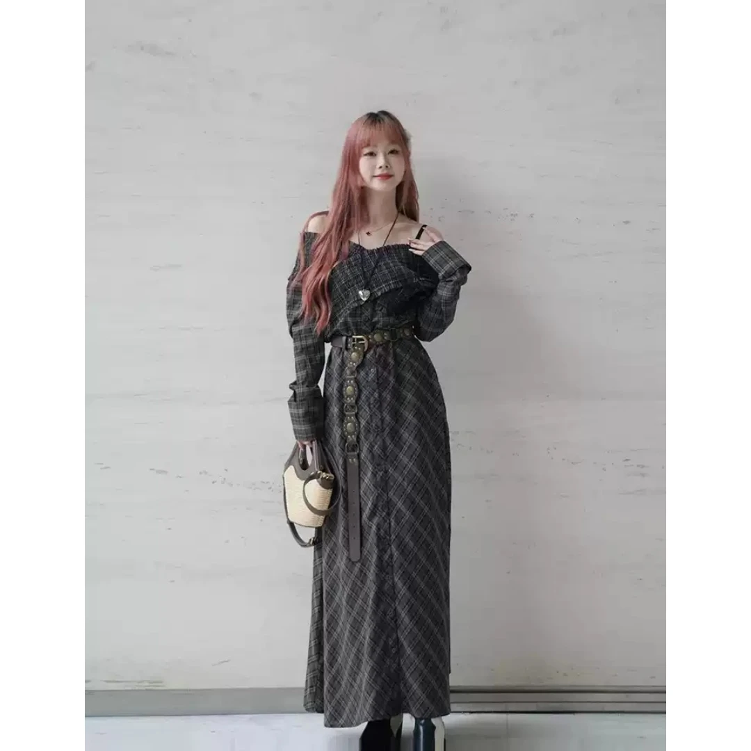 【Montendre】 秋季新款 M 气质时尚法式一字领格纹连衣裙显瘦裙子