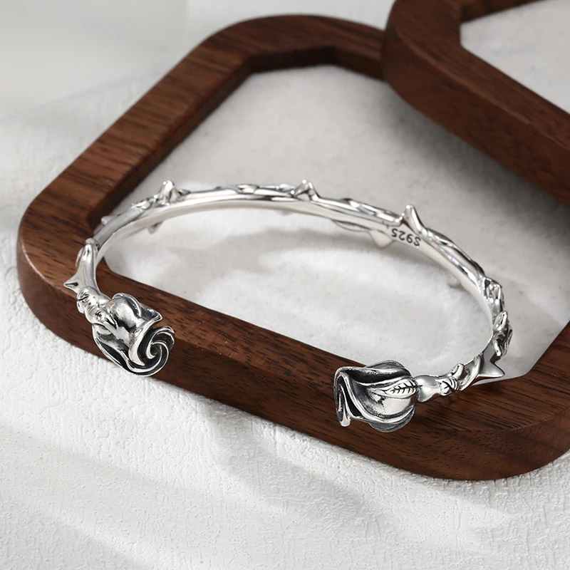 925银手镯 「荆棘」玫瑰手镯 男女同款流行饰品