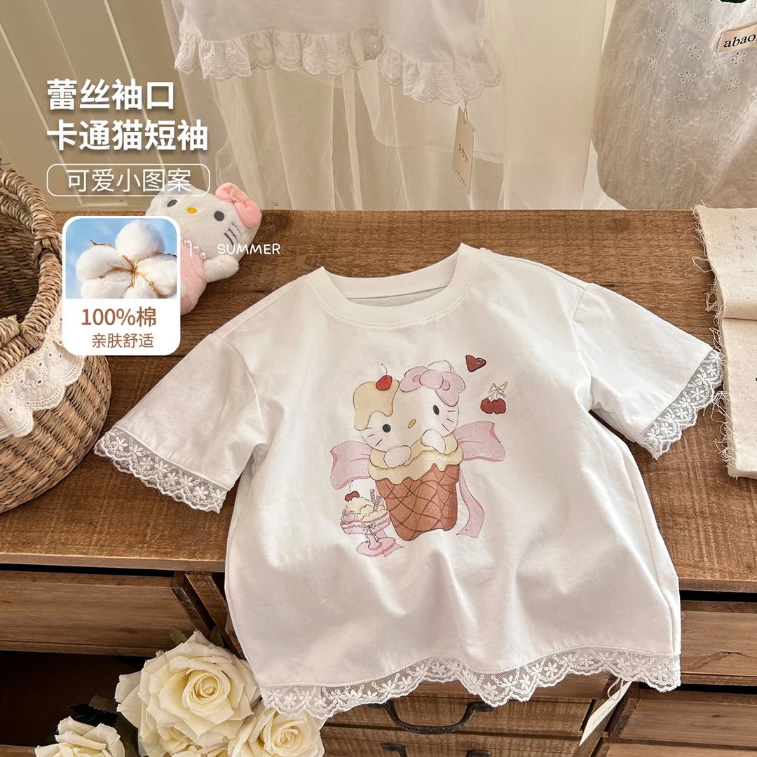 【大小卷】儿童夏季可爱kt猫花边女童短袖T-26711