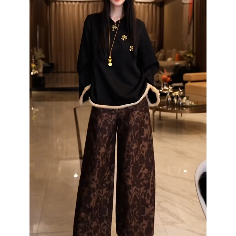 端庄优雅新中式裤套装女2025秋季新款轻奢洋气长袖上衣+印花裤子