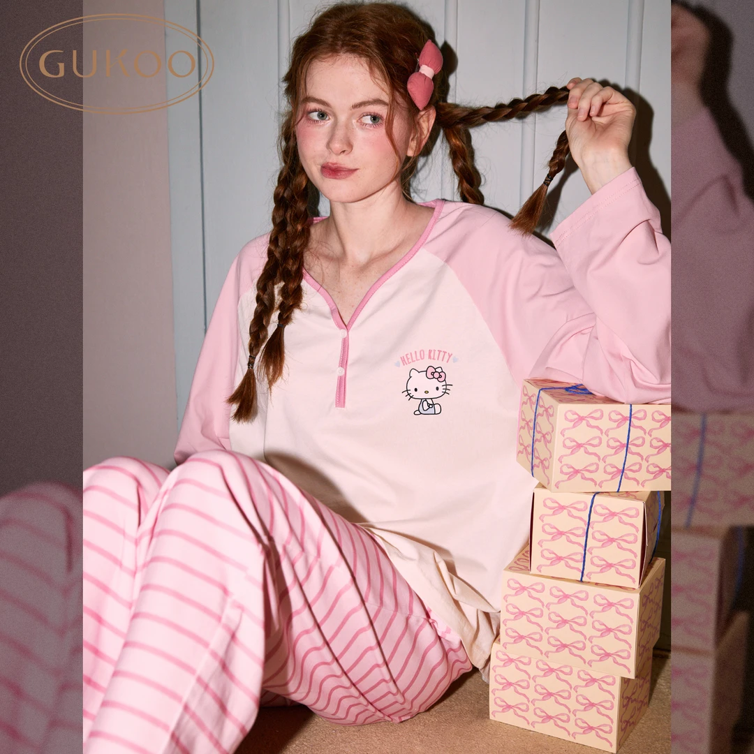 Gukoo/果壳hellokitty联名系列春秋新款纯棉长袖家居服套装