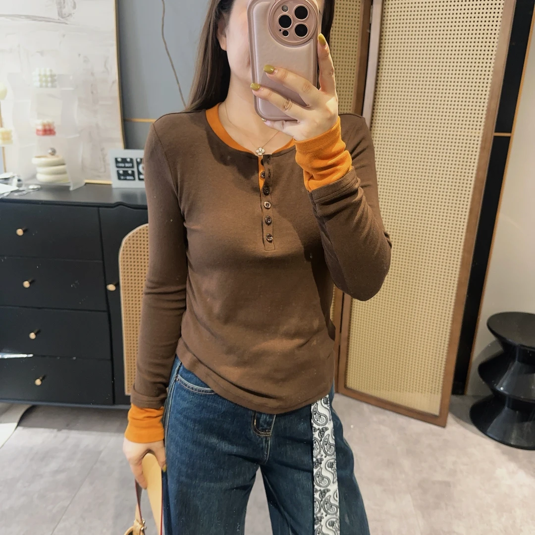 【欧加粒粒】假两件拼色长袖打底T恤衫早秋可外穿显瘦时尚 H825111