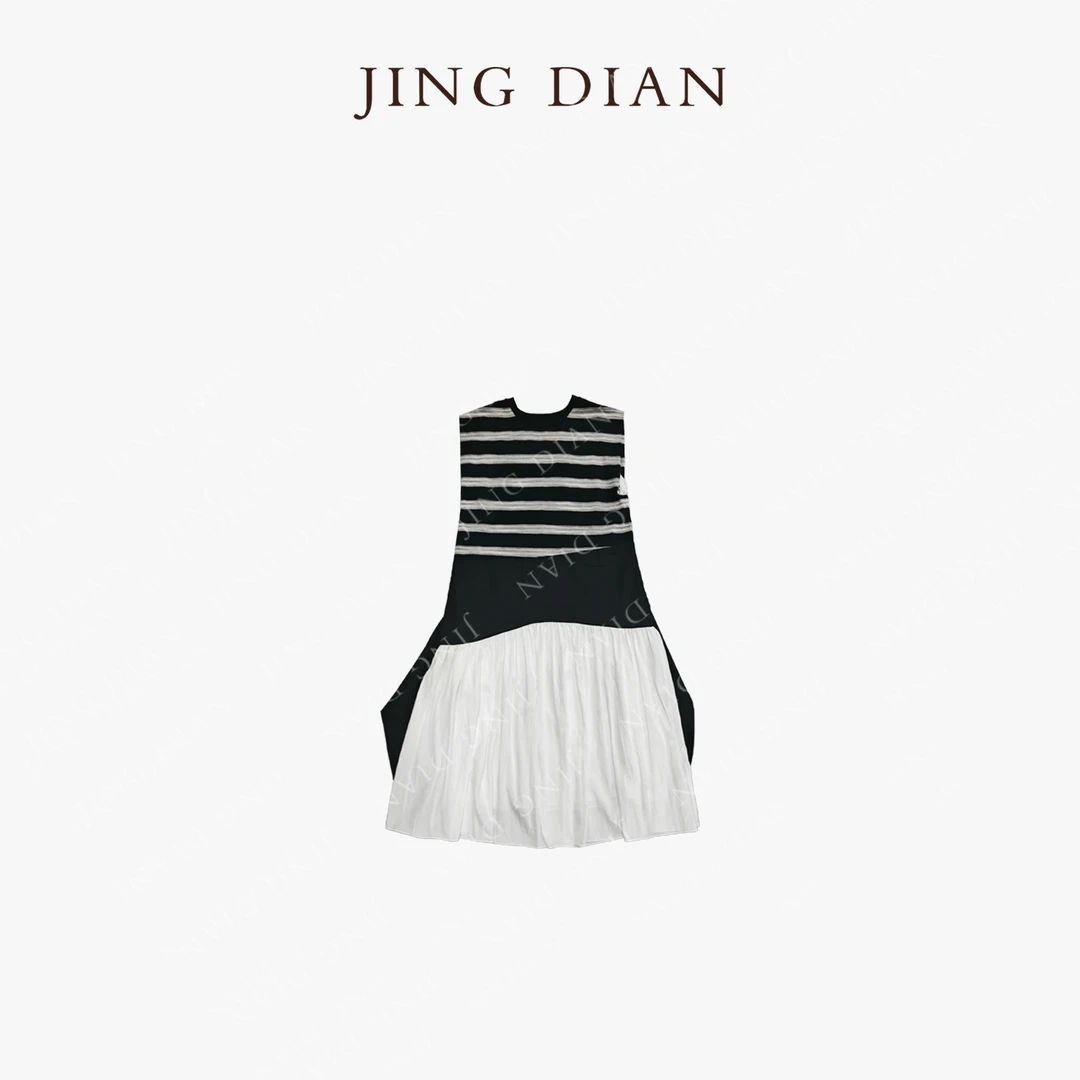 【JING DIAN】小众设计款无袖条纹腰带拼接连衣裙