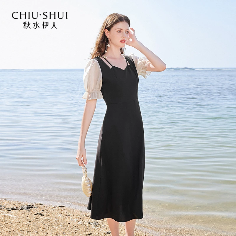 秋水伊人优雅赫本风显瘦小黑裙夏季新款女复古方领收腰连衣裙
