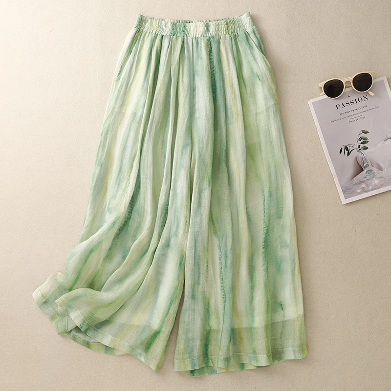 小清新文艺大码清爽透气带内衬松紧腰阔腿裤女宽松百搭休闲九分裤