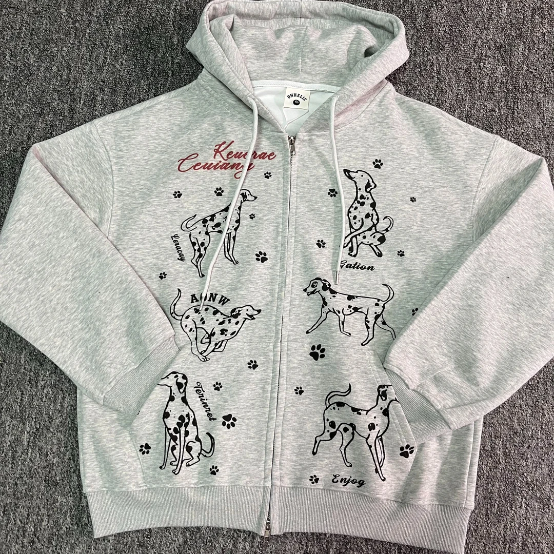 美式手绘小狗字母印花拉链开衫外套男女秋冬季休闲百搭连帽卫衣潮