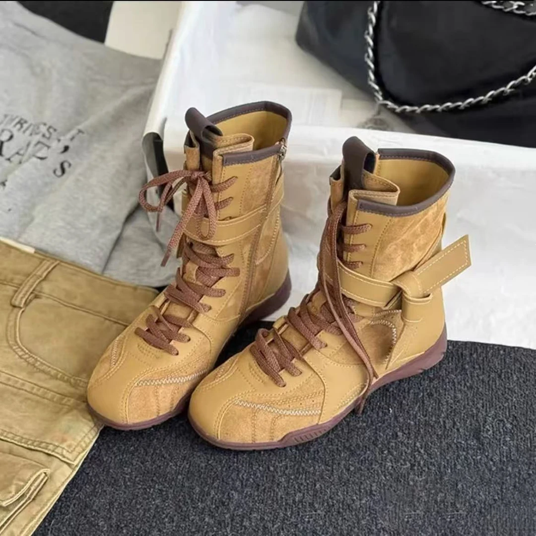 马丁靴短款靴子2025小众西部靴美拉德绑带中筒靴内增高拳击靴女