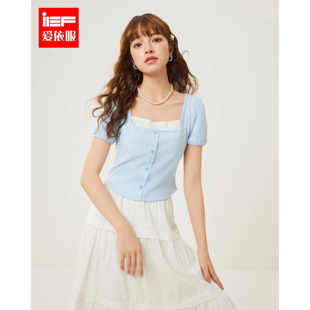 IEF/爱依服2025春夏新款甜美纯欲风假两件设计修身短款上衣流光风