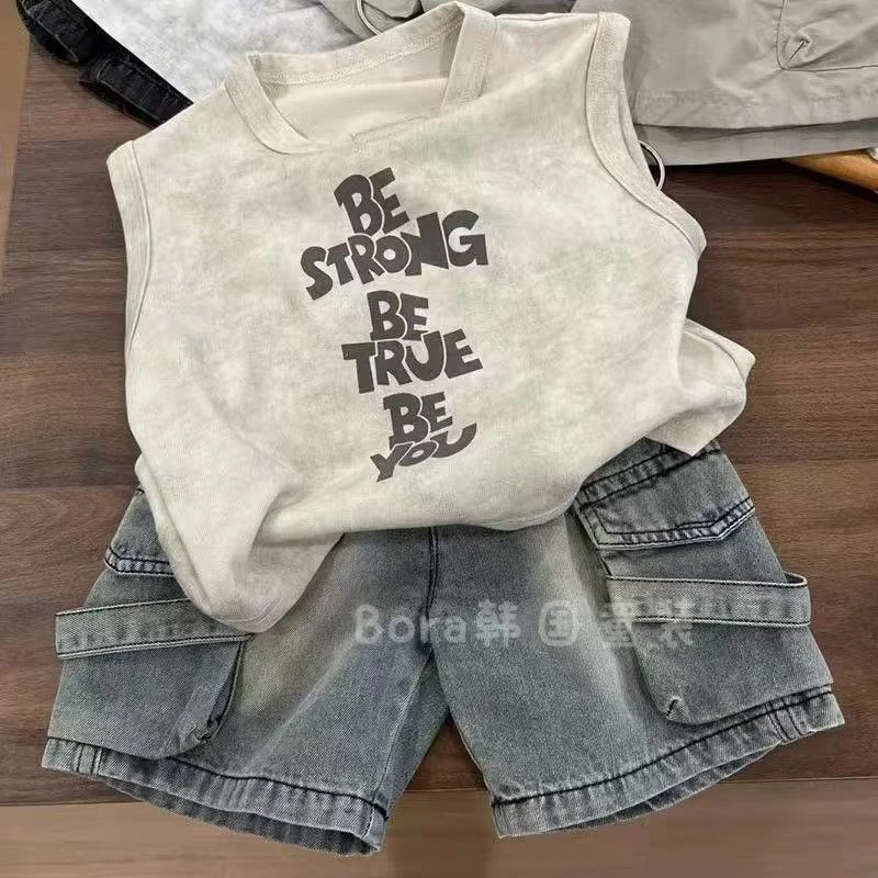 男童韩版夏装套装新款时尚背心洋气牛仔儿童爆款短裤夏季两件套