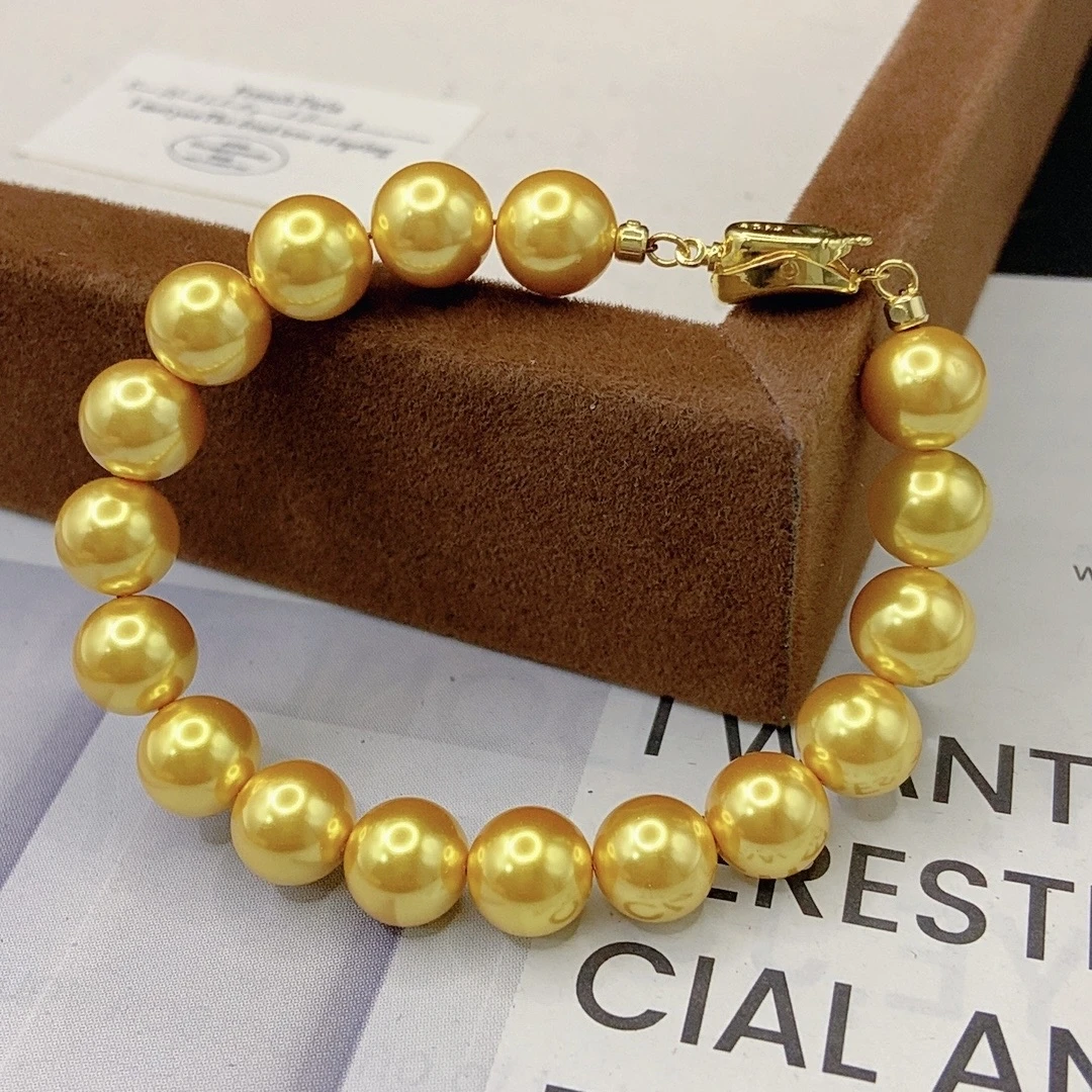 925银手链 南洋浓金色圆珠手链10MM光面贝珠