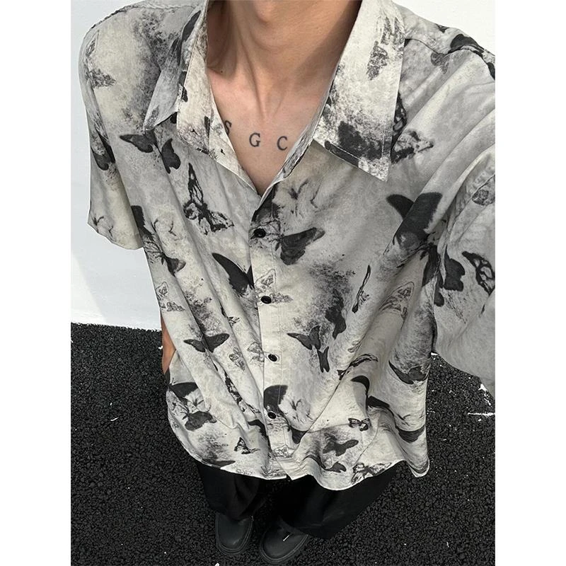 男装设计感蝴蝶内搭短袖衬衫男款春夏季感痞帅美式高街慵懒风上