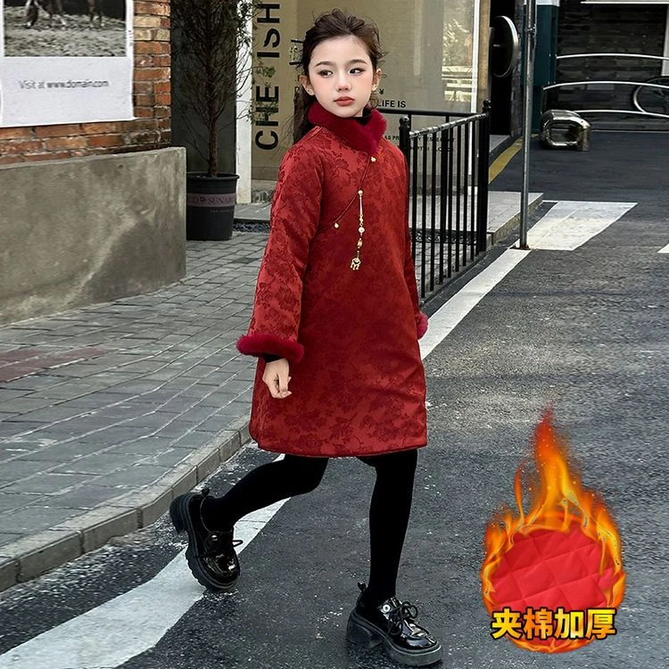 女童冬季加厚中国风夹棉儿童拜年服连衣裙2024新款中大童5-12岁潮
