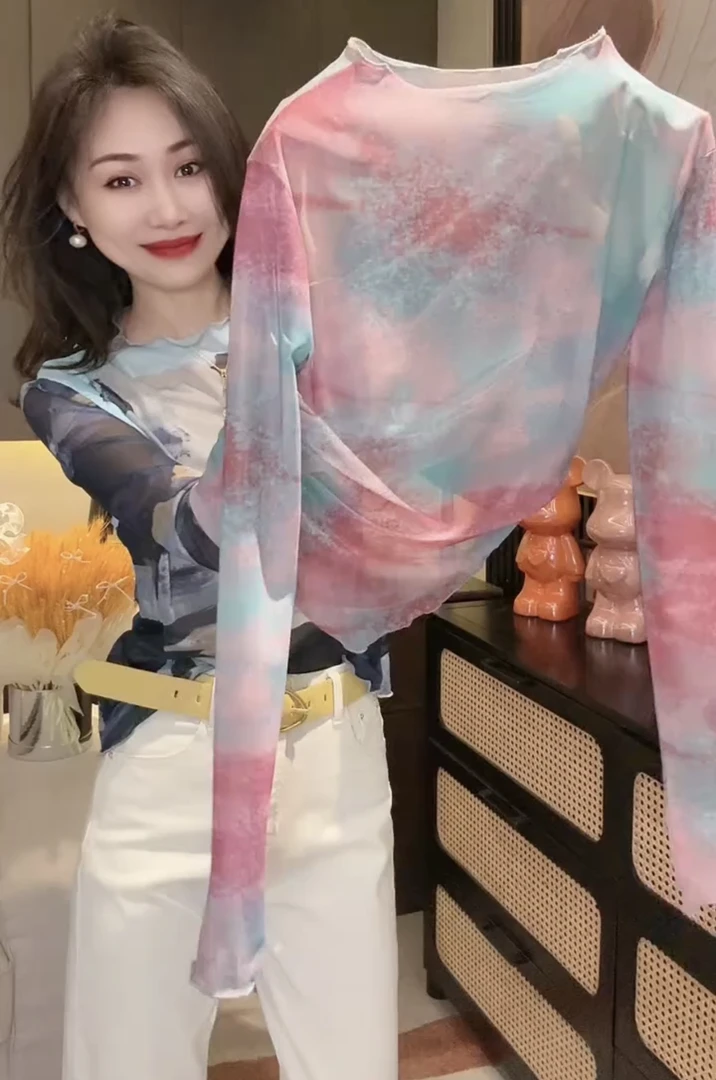 休闲风长袖木耳边圆领防晒网纱T恤网红春夏晕染减龄洋气百搭上衣