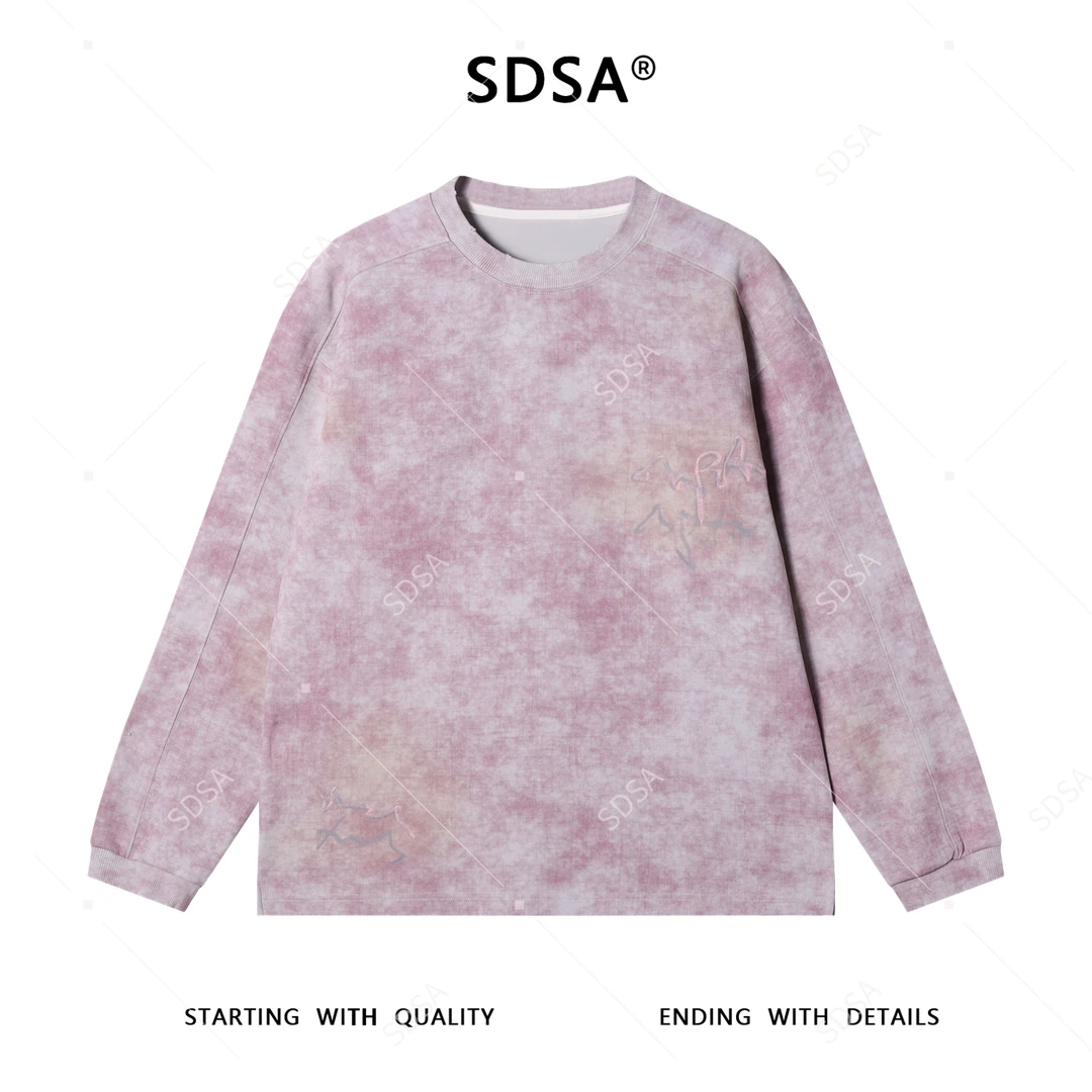 SDSA秋冬新款痞帅男装美式扎染刺绣字母圆领长袖T恤百搭网红款
