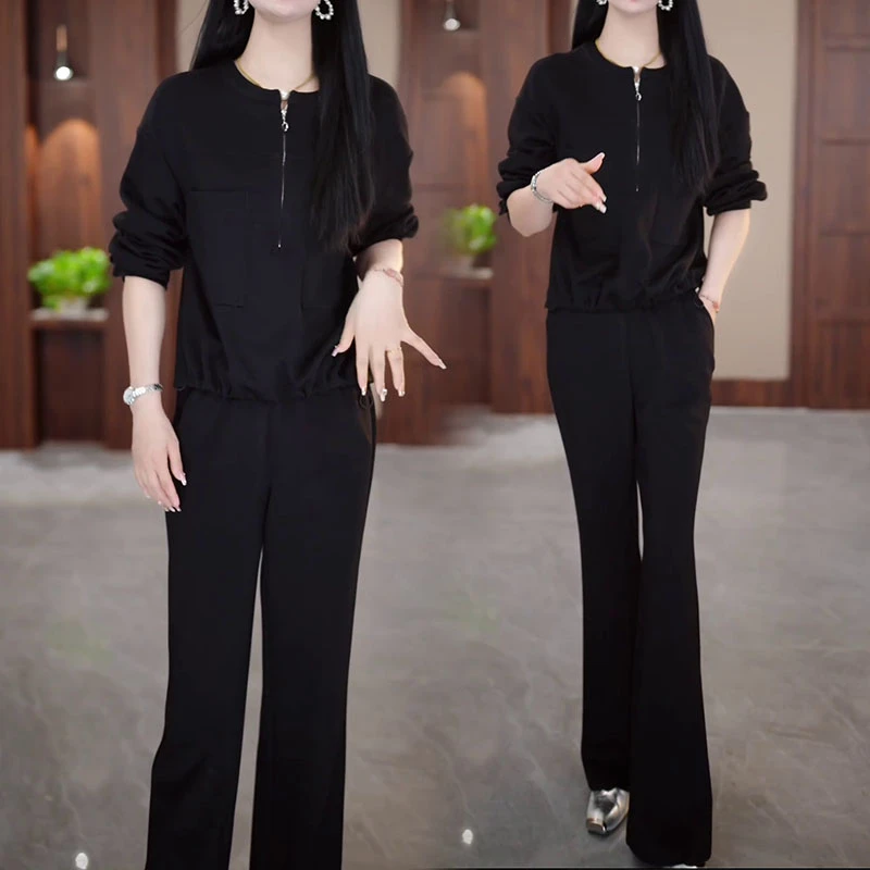 时尚纯色休闲两件套2025秋季新款洋气拉链显瘦上衣高腰阔腿裤套装