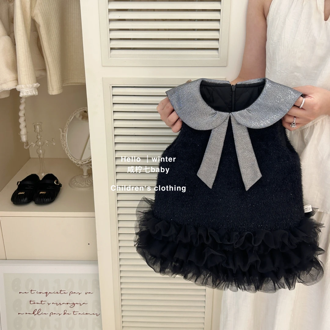 【现】女童冬季连衣裙新款洋气宝宝小香风毛呢背心裙儿童公主礼服裙