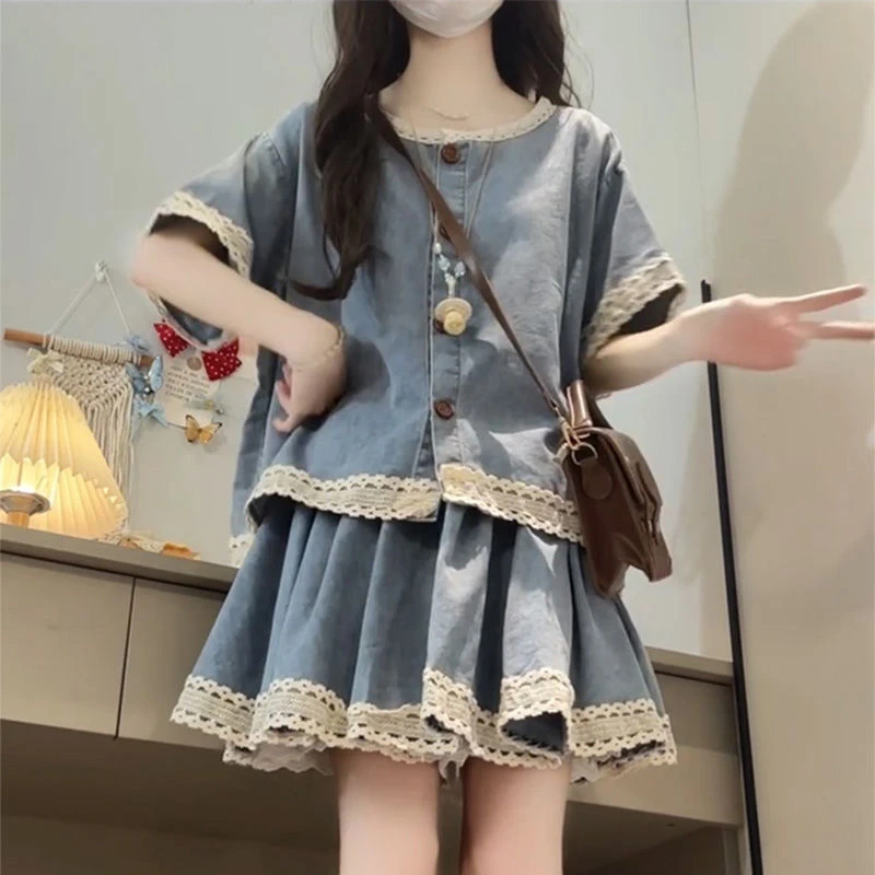 两件/套装夏季新款复古宽松遮肉牛仔上衣+蕾丝拼接牛仔半身裙女生