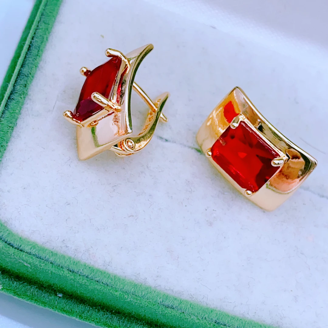 合金玻璃耳饰 红色耳环 玫瑰金色 时尚洋气