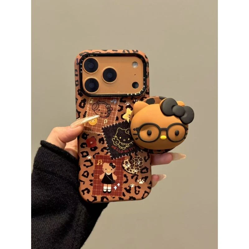 韩系ins棕底豹纹图片耳机猫咪适用ihone17promax苹果16p手机壳15p