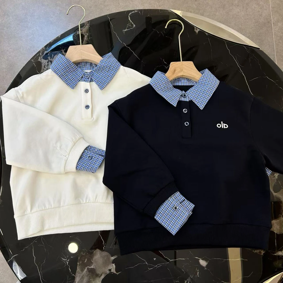 2025年秋冬新款男童女童休闲运动风百搭保暖格子领假两件卫衣