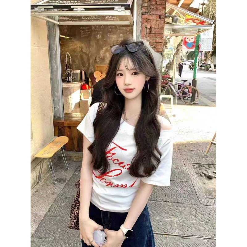 2025夏季新款韩系宽松时尚休闲印花辣妹斜肩短袖T恤上衣女学生ins