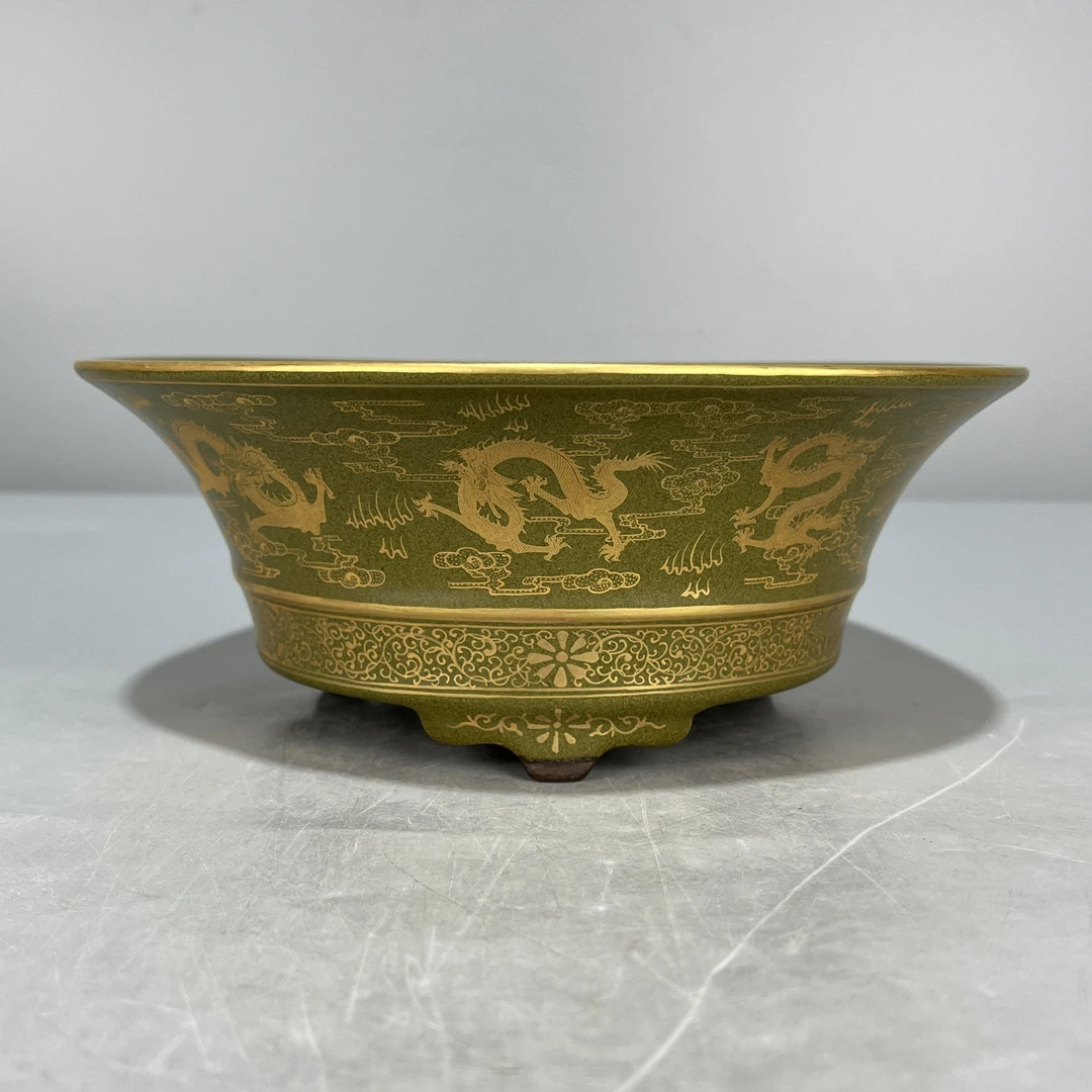 当代仿制 仿古大清乾隆年制茶叶末釉描金祥云龙纹三足盘