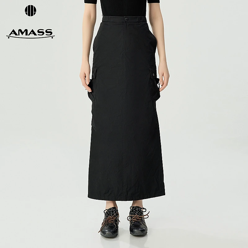 阿玛施AMASS 户外山系设计感抽绳褶皱后开叉工装长半裙520007