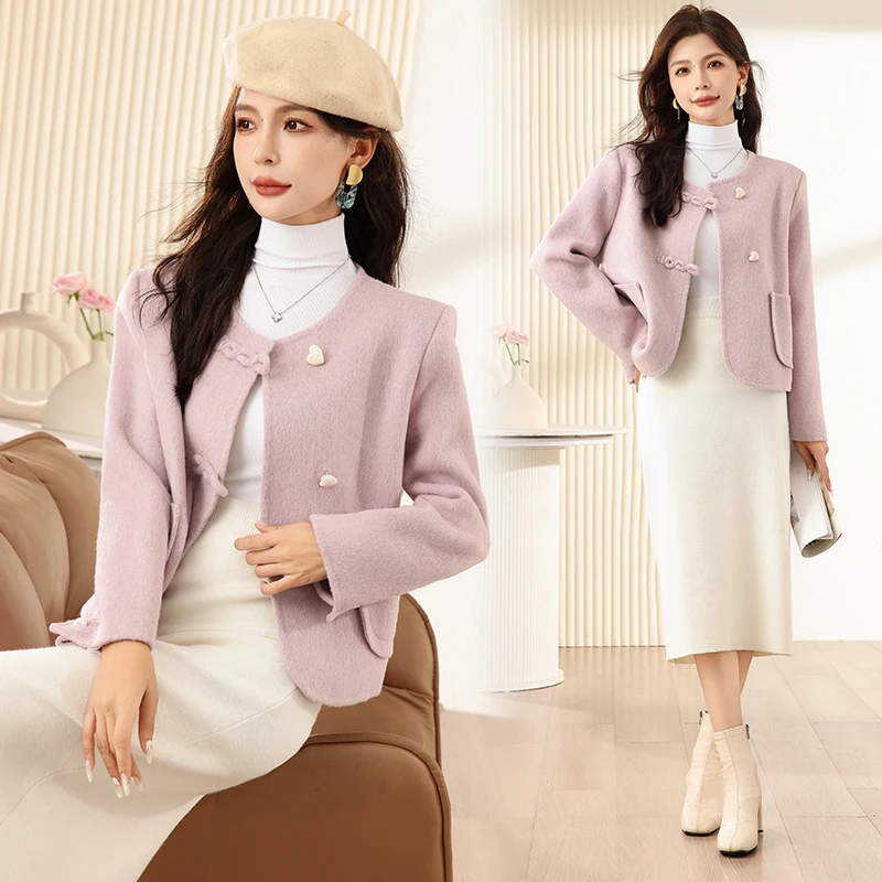 气质双面羊毛大衣女2025秋冬新款流光风宽松圆领中式洋气毛呢外套