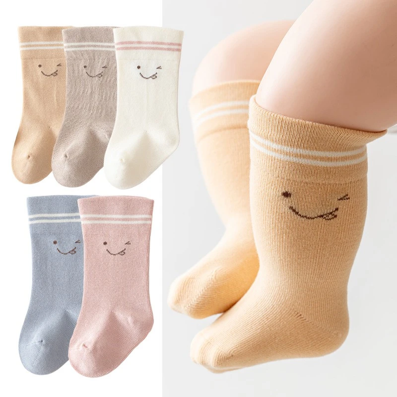 春秋新生婴儿袜子宝宝松口不勒腿棉袜男女童秋冬笑脸小腿袜中筒袜