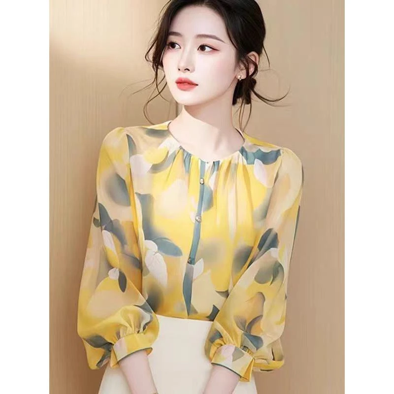 夏季新款优雅气质法式七分袖印花雪纺圆领衬衫女女款