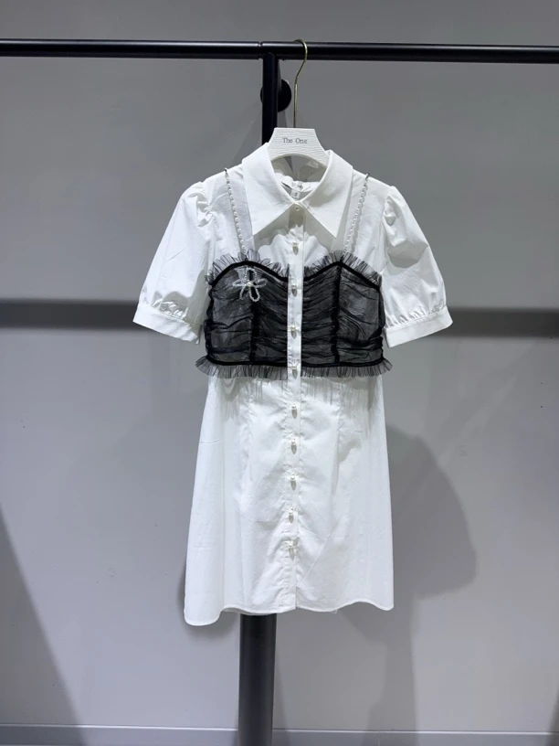 衬衫裙系扣拉链高腰夏季连衣裙背带蕾丝裙子女装泡泡袖百搭