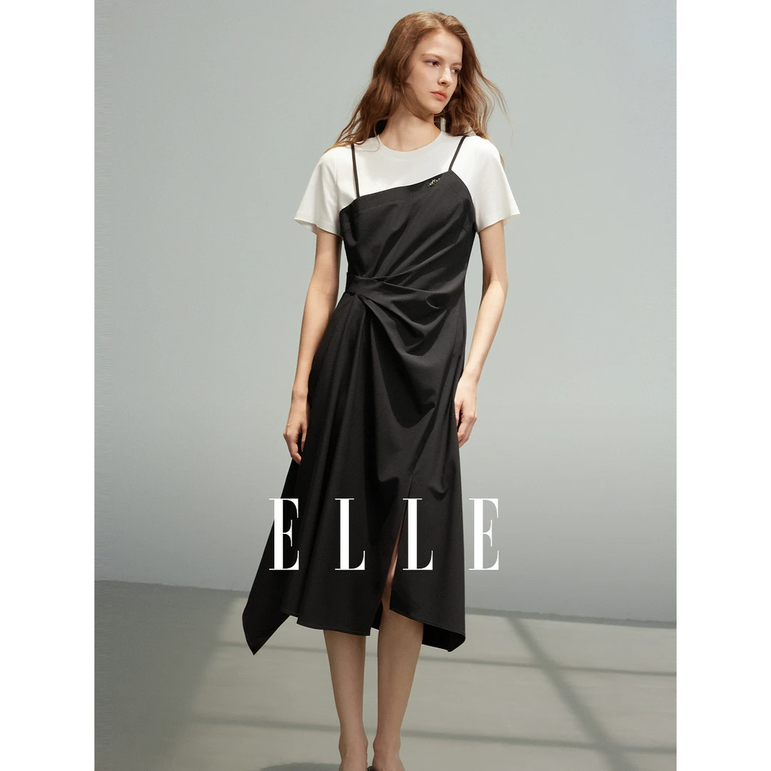 ELLE假两件褶皱收腰连衣裙女2025夏日穿搭时髦设计感长裙EL52163