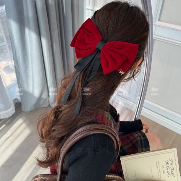 撞色美！新款复古红！双层蝴蝶结飘带撞色红色新年黑色飘带鸭嘴夹