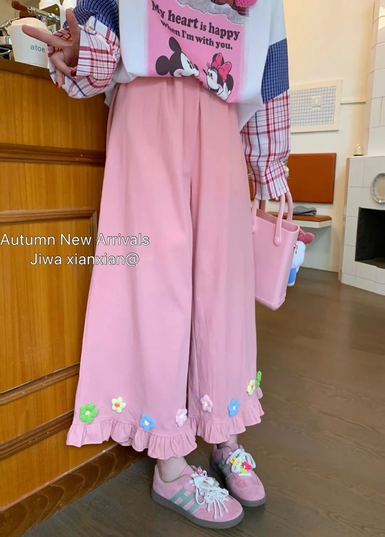 2025夏季新款花边裤边带立体彩色花朵阔腿裤子
