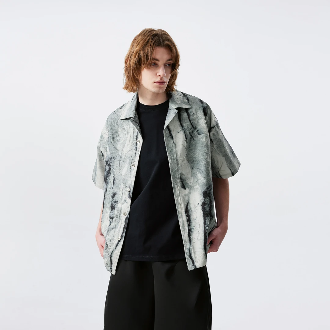 新因素美式休闲短袖衬衫夏季渐变翻领扎染复古水洗街头宽松上衣